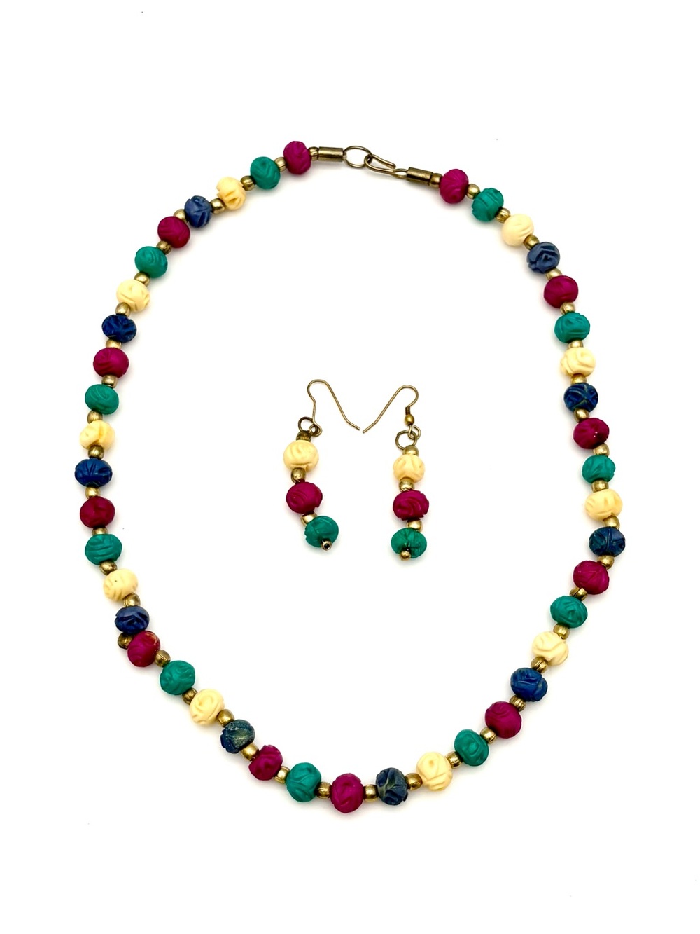 VTG Colorful Beaded Necklace & Matching Dangle Earring Jewelry Set Boho Indie